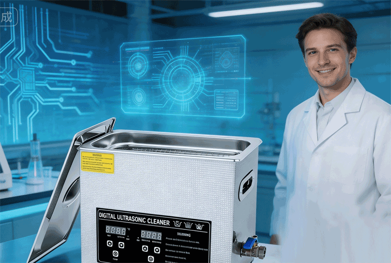 Ultrasonic cleaning of medical instruments - surgical forceps and scissors being cleaned