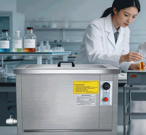 Laboratory glassware being cleaned in ultrasonic cleaner - beakers and test tubes